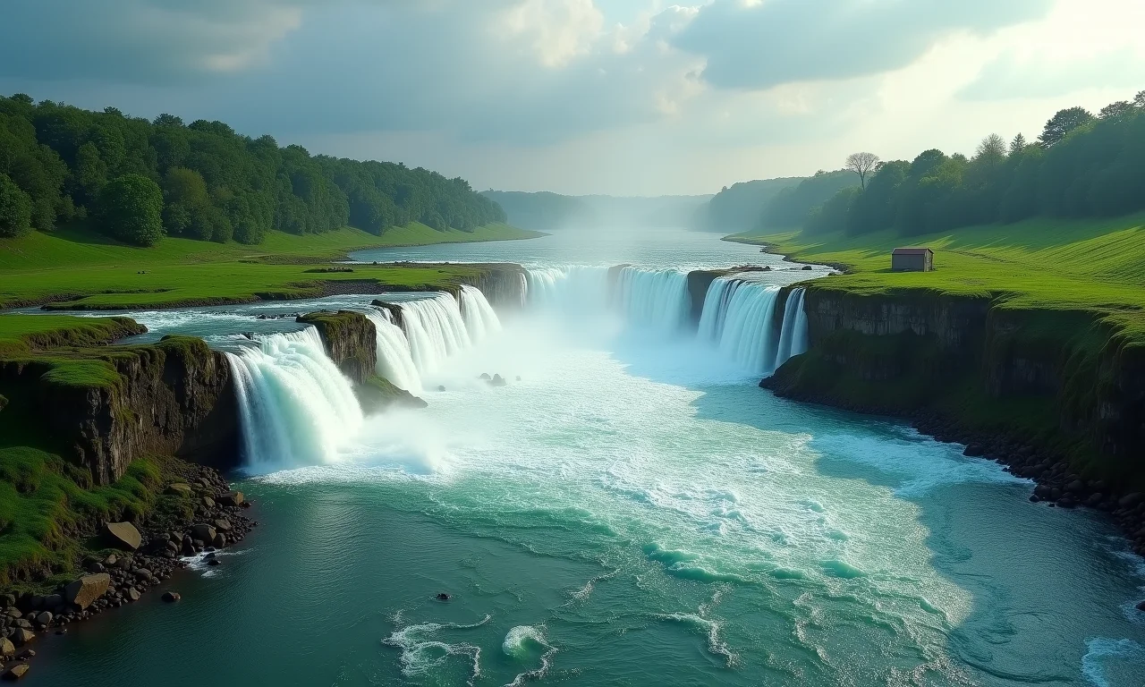Rio transbordando em campos verdes, representando emoções descontroladas.