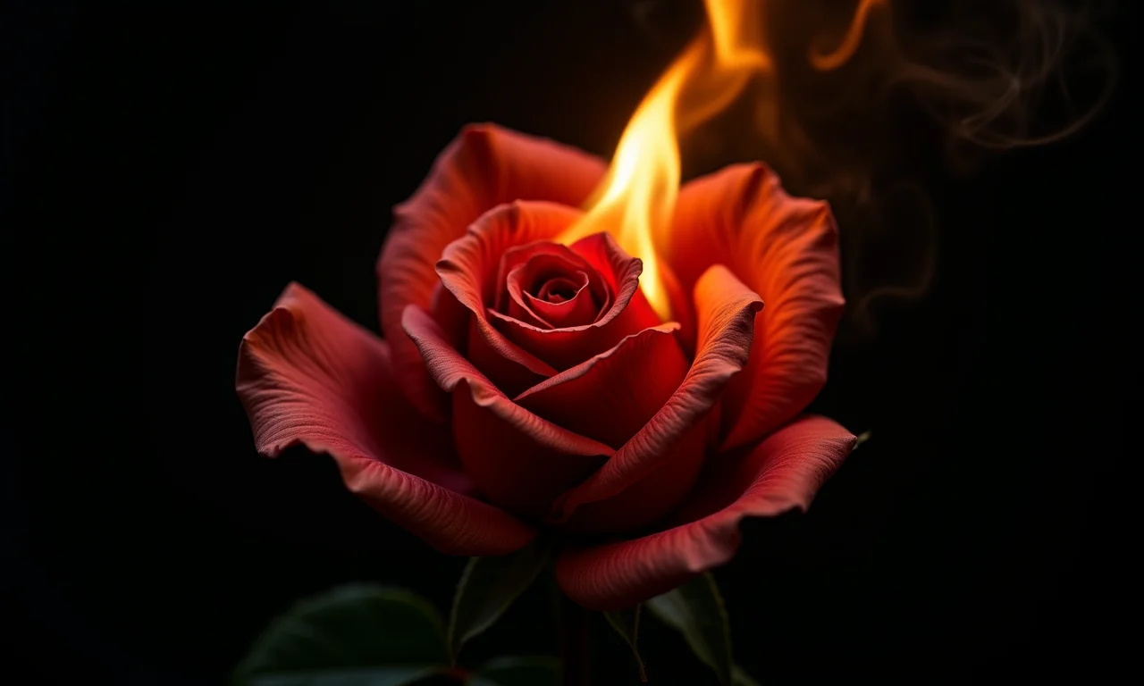 Rosa murcha sendo consumida pelas chamas, simbolizando transformação dolorosa.