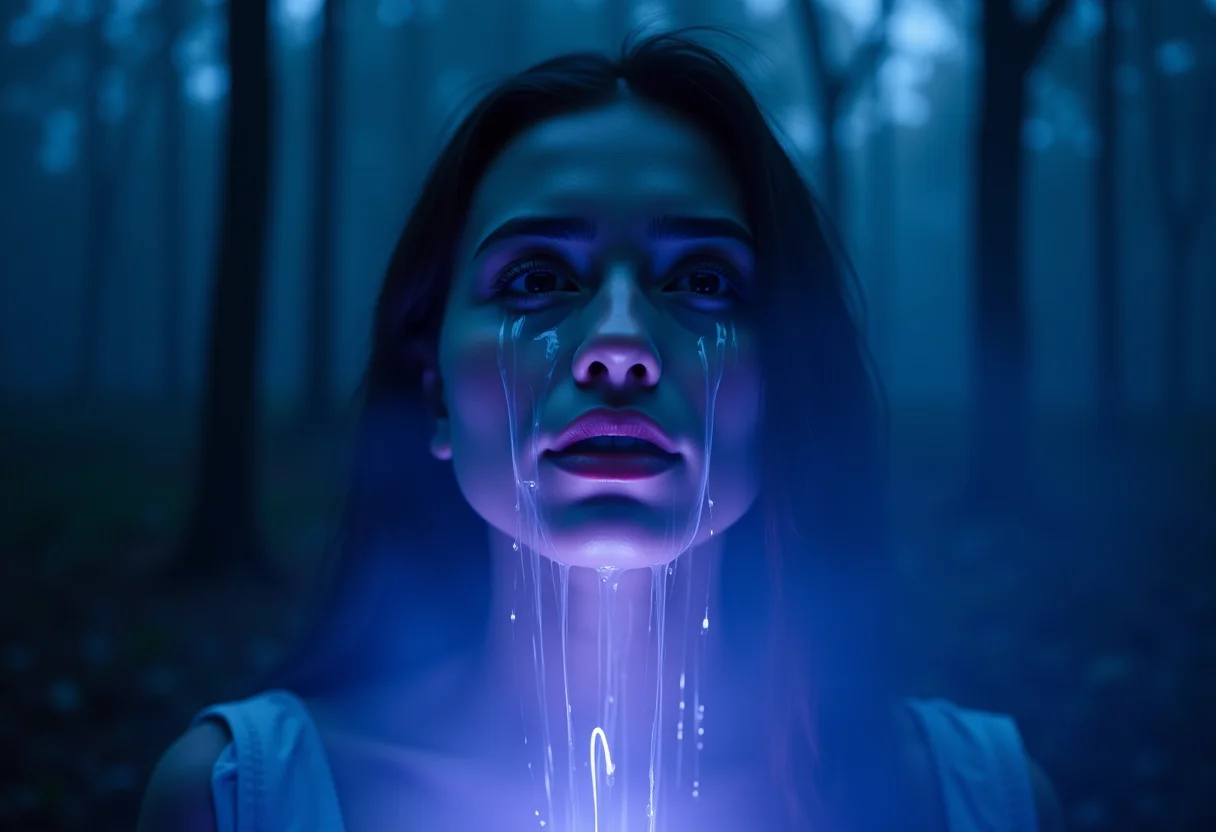 Rosto de mulher chorando em meio a uma floresta mística, representando sonhos de tristeza.