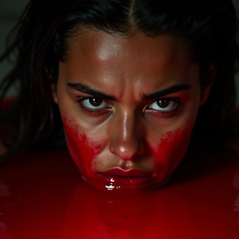 Rosto de mulher horrorizada coberto por muito sangue.