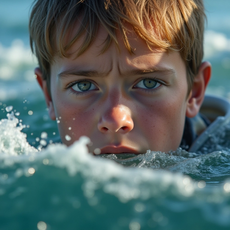 Rosto de pessoa olhando para o mar agitado com medo e vulnerabilidade.