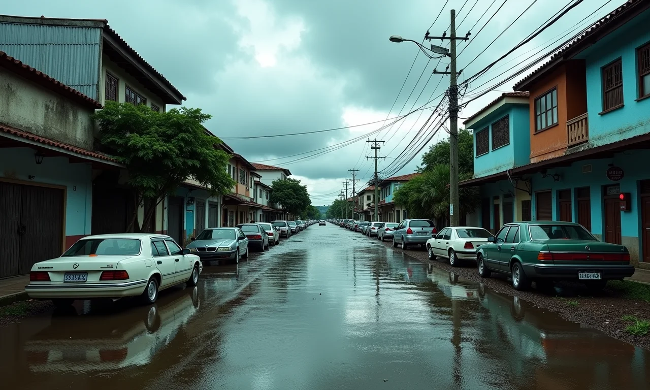 Rua alagada no Brasil após tempestade, simbolizando o fim do mundo por desastre natural.
