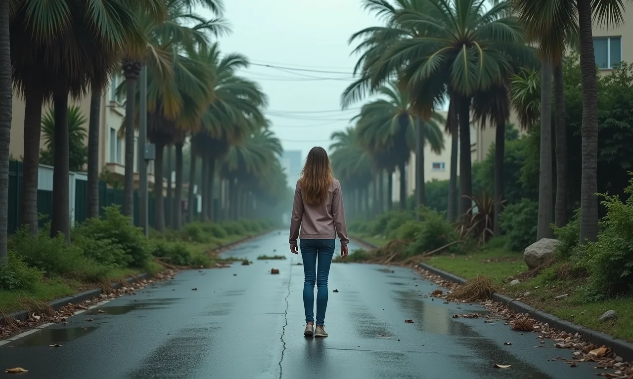 Rua destruída após tempestade, simbolizando o caos.