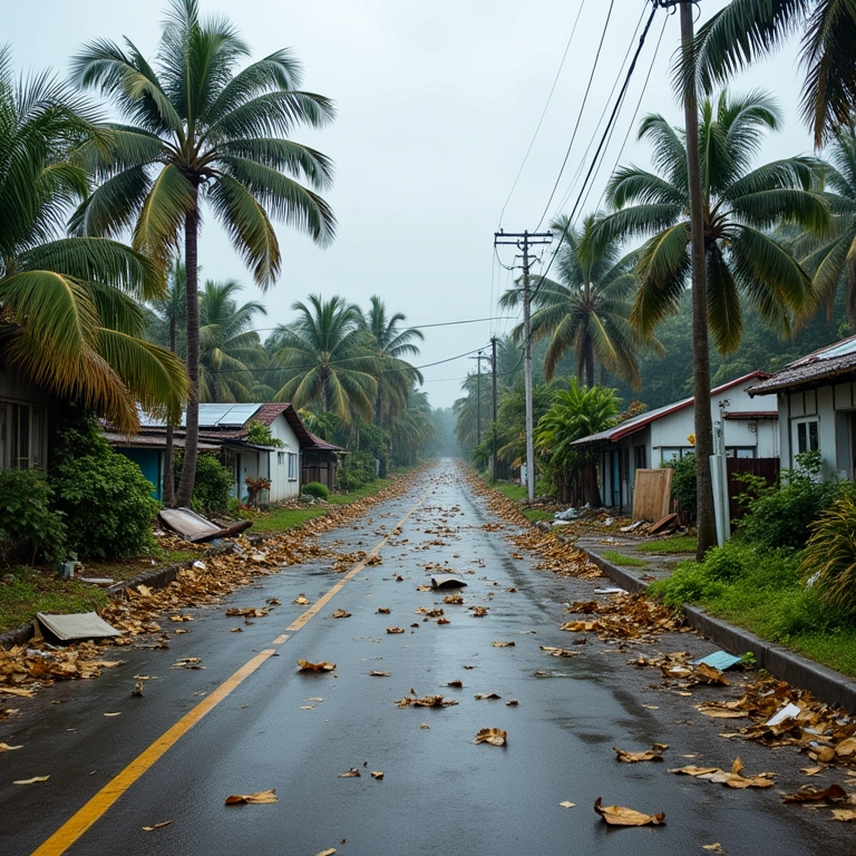 Rua em cidade brasileira devastada por furacão, com escombros por toda parte.