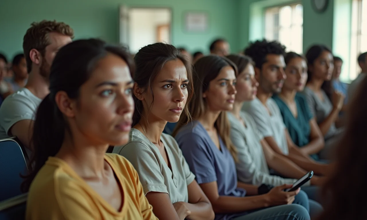 Sala de espera de hospital cheia de pessoas.
