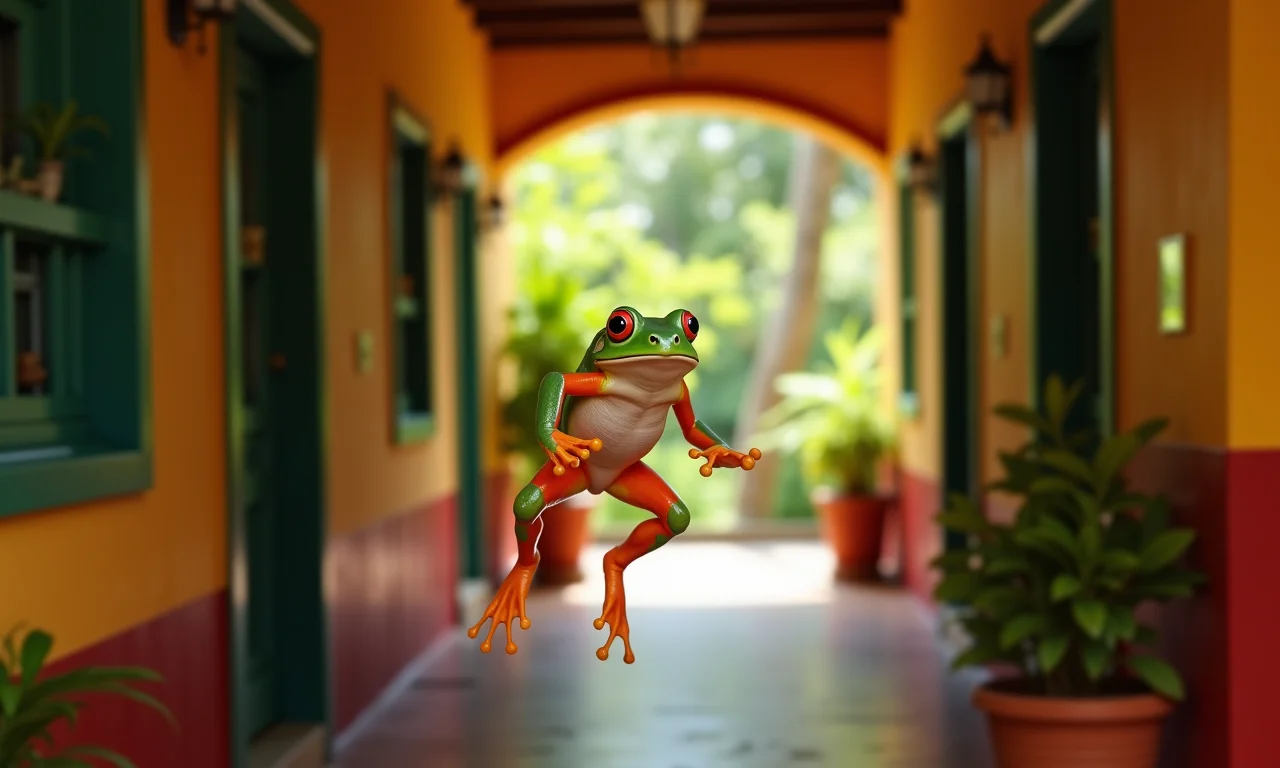 Sapo pulando em um corredor de casa com decoração brasileira vibrante.