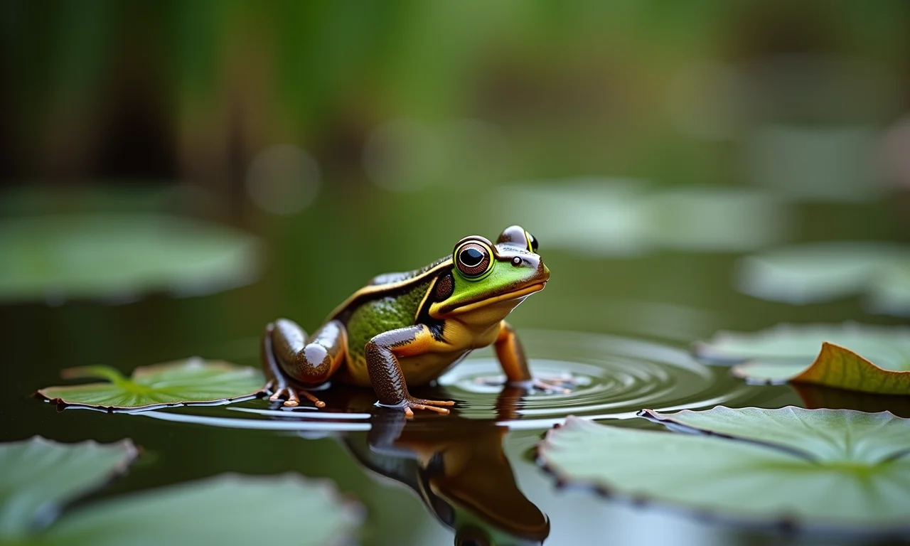 Sapo pulando na água cristalina de um lago, representando purificação e renovação em um sonho.