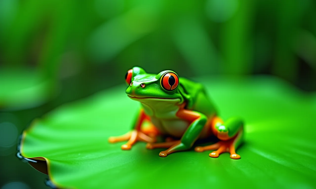 Sapo verde vibrante em folha de vitória régia na Amazônia.
