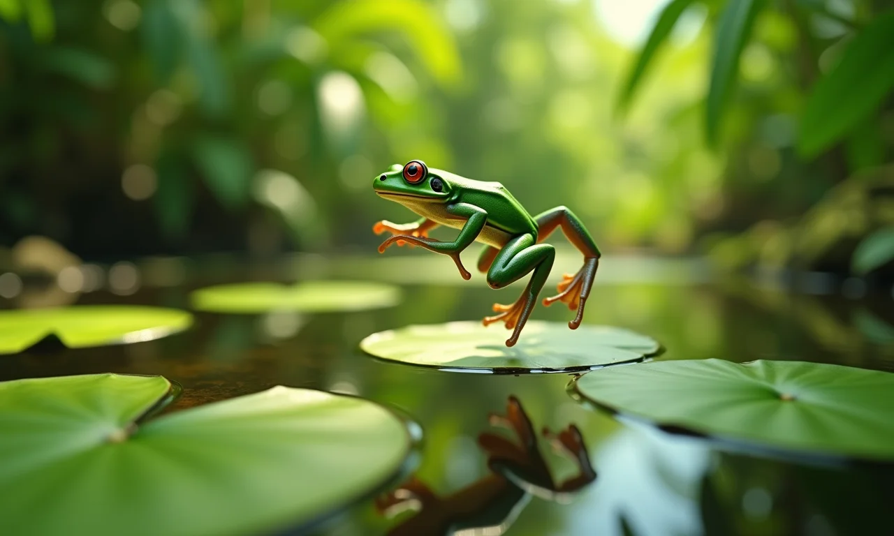 Sapo verde vibrante pulando sobre vitórias-régias em lagoa ensolarada, simbolizando sonhos e revelações.