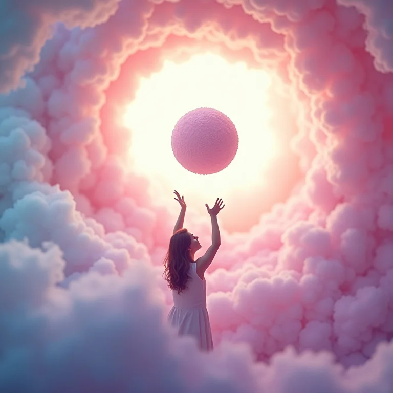 Silhueta alcançando cocada flutuante em vórtice de cores pastel.