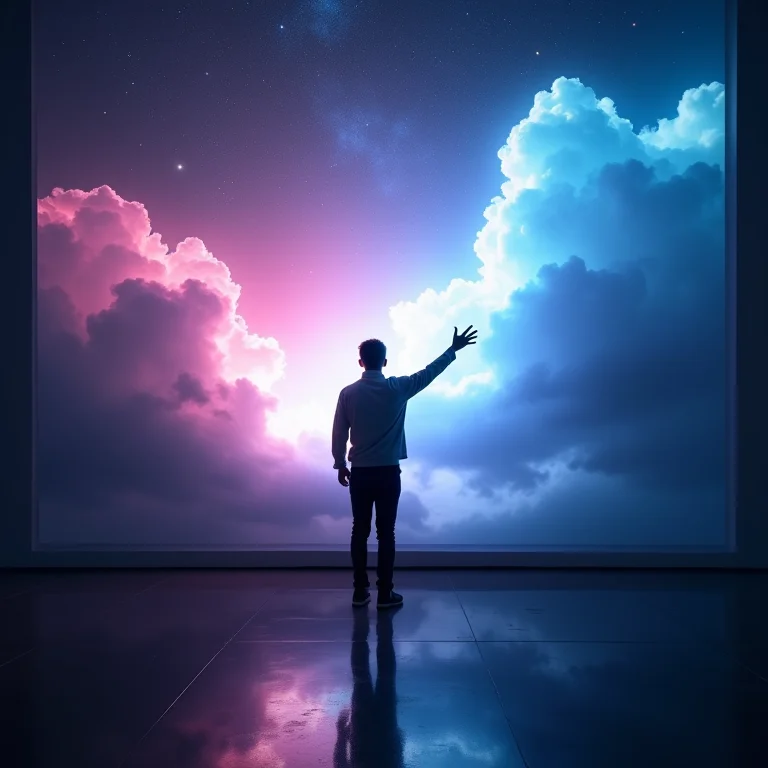 Silhueta alcançando uma paisagem onírica vívida, representando a fase REM e os sonhos intensos.