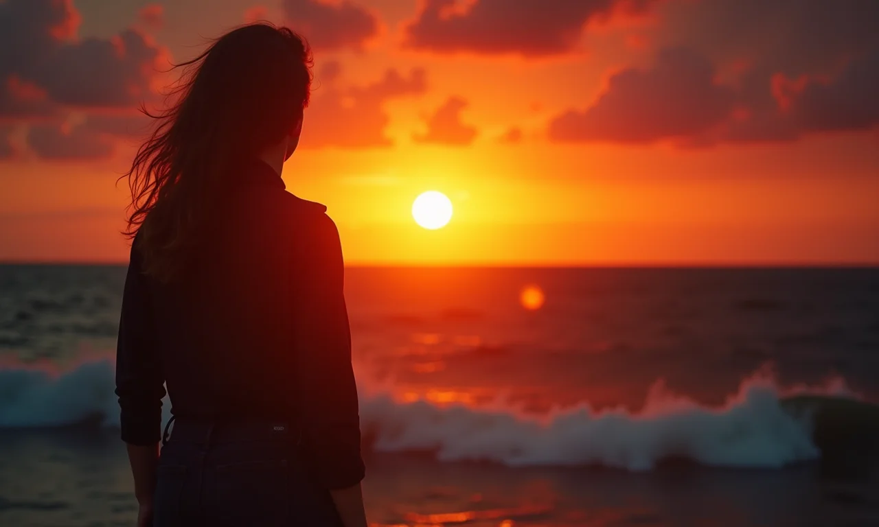 Silhueta contemplando mar agitado, representando conflitos internos.