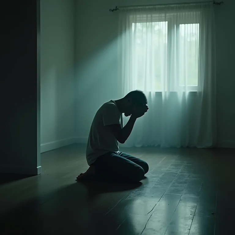 Silhueta de pessoa chorando compulsivamente em quarto escuro, simbolizando aflição onírica.