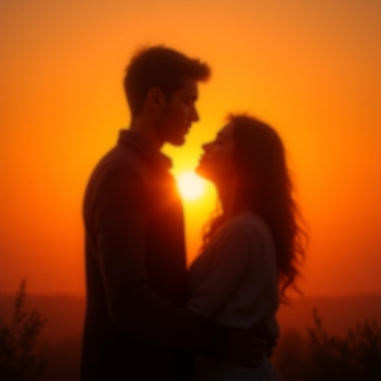 Silhueta de um casal ao pôr do sol, representando memórias.