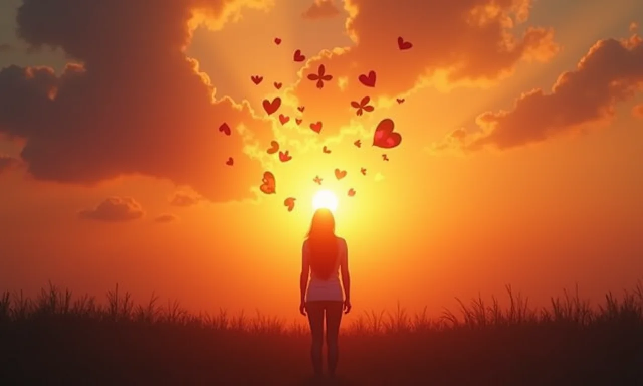 Silhueta sonhadora com formas abstratas de fezes ao nascer do sol, simbolizando libertação emocional.