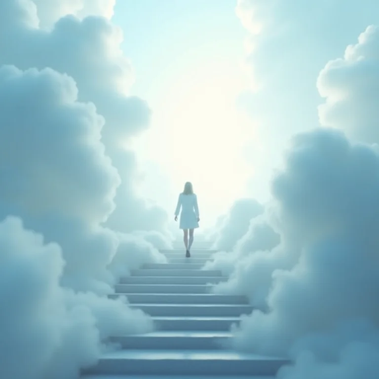 Silhueta subindo escada de nuvens em direção à luz, representando o aumento do sono profundo.