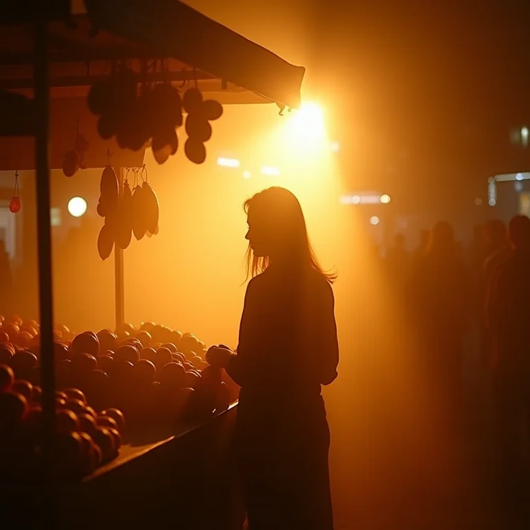 Silhueta vendendo cocadas em barraca de mercado iluminada por luz dourada.