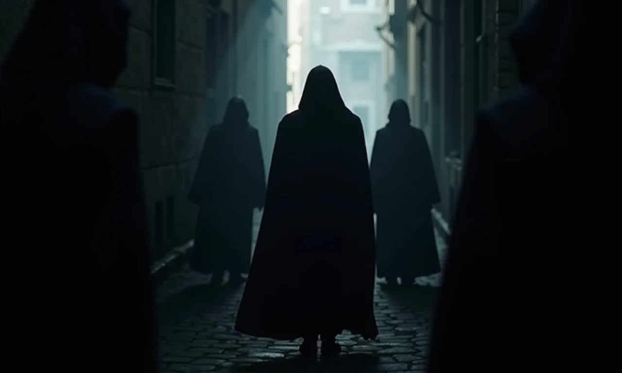 Silhuetas de vários vampiros em beco escuro, representando ameaça coletiva e mistério.