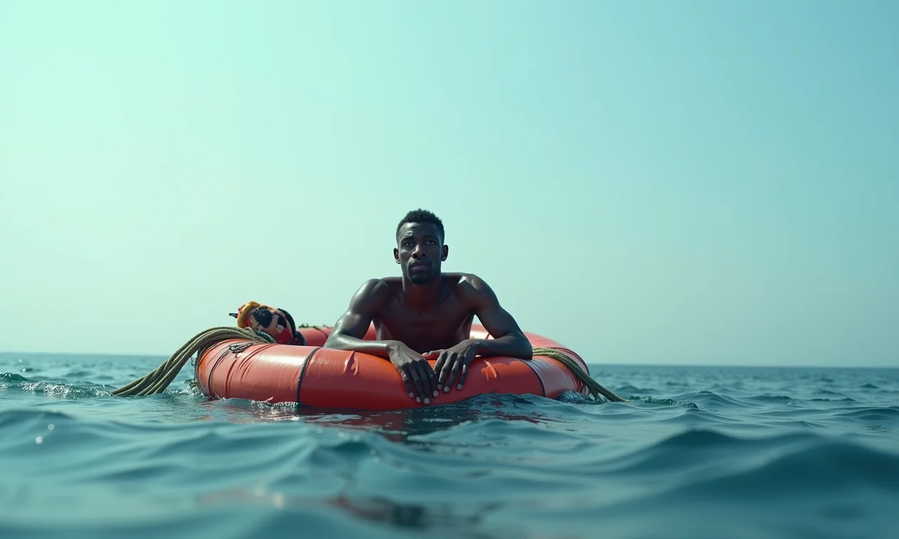 Sobrevivente em jangada após naufrágio, demonstrando resiliência.