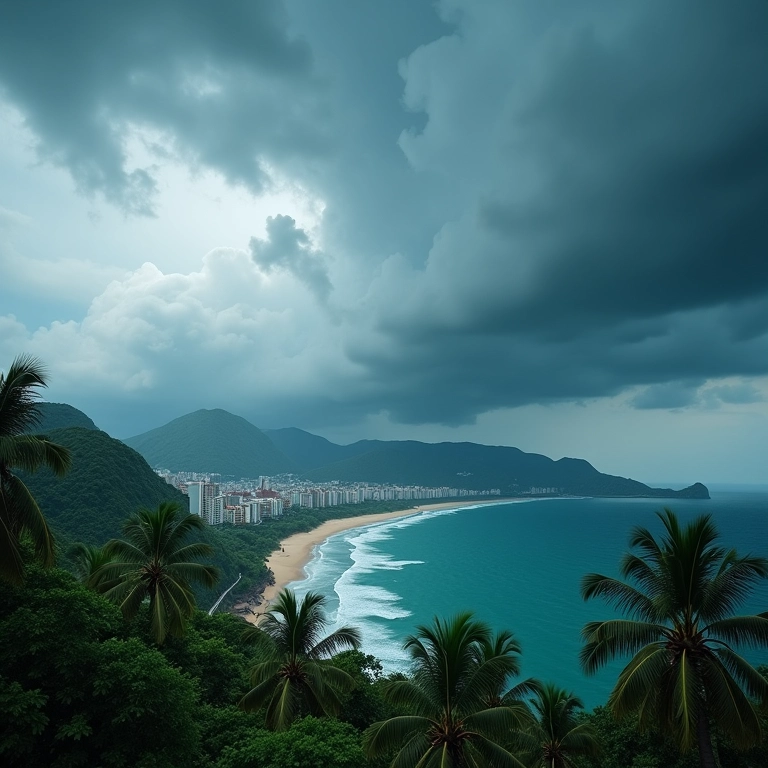 Tempestade se formando sobre cidade costeira brasileira, com palmeiras balançando ao vento.