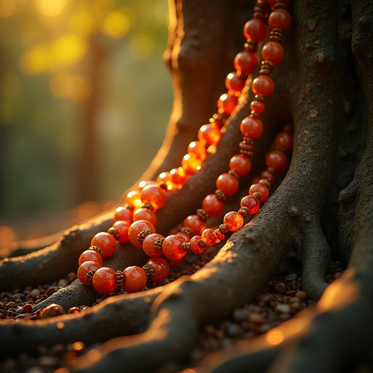 Terço e raízes brilhantes representando espiritualidade em sonho.