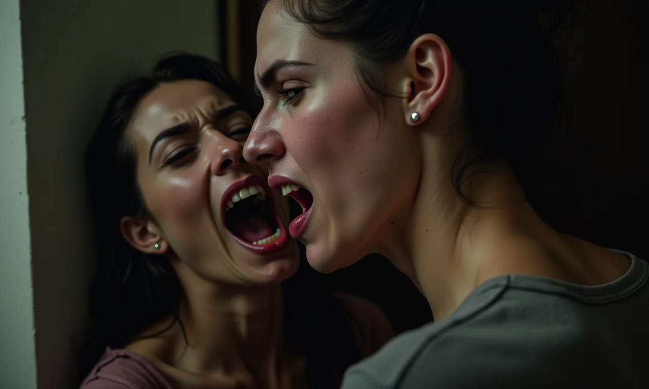 Testemunha aterrorizada vendo vampiro morder outra pessoa, simbolizando impotência.