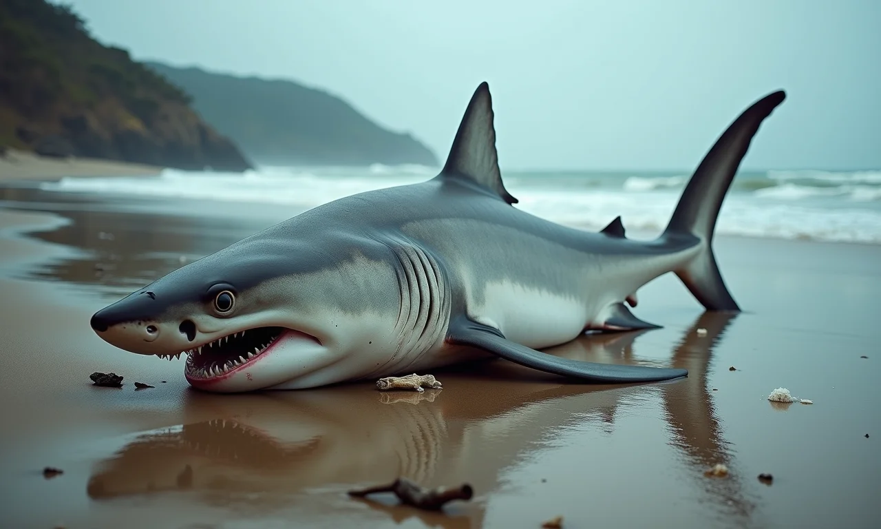 Tubarão morto na praia, simbolizando o fim de um medo ou problema.