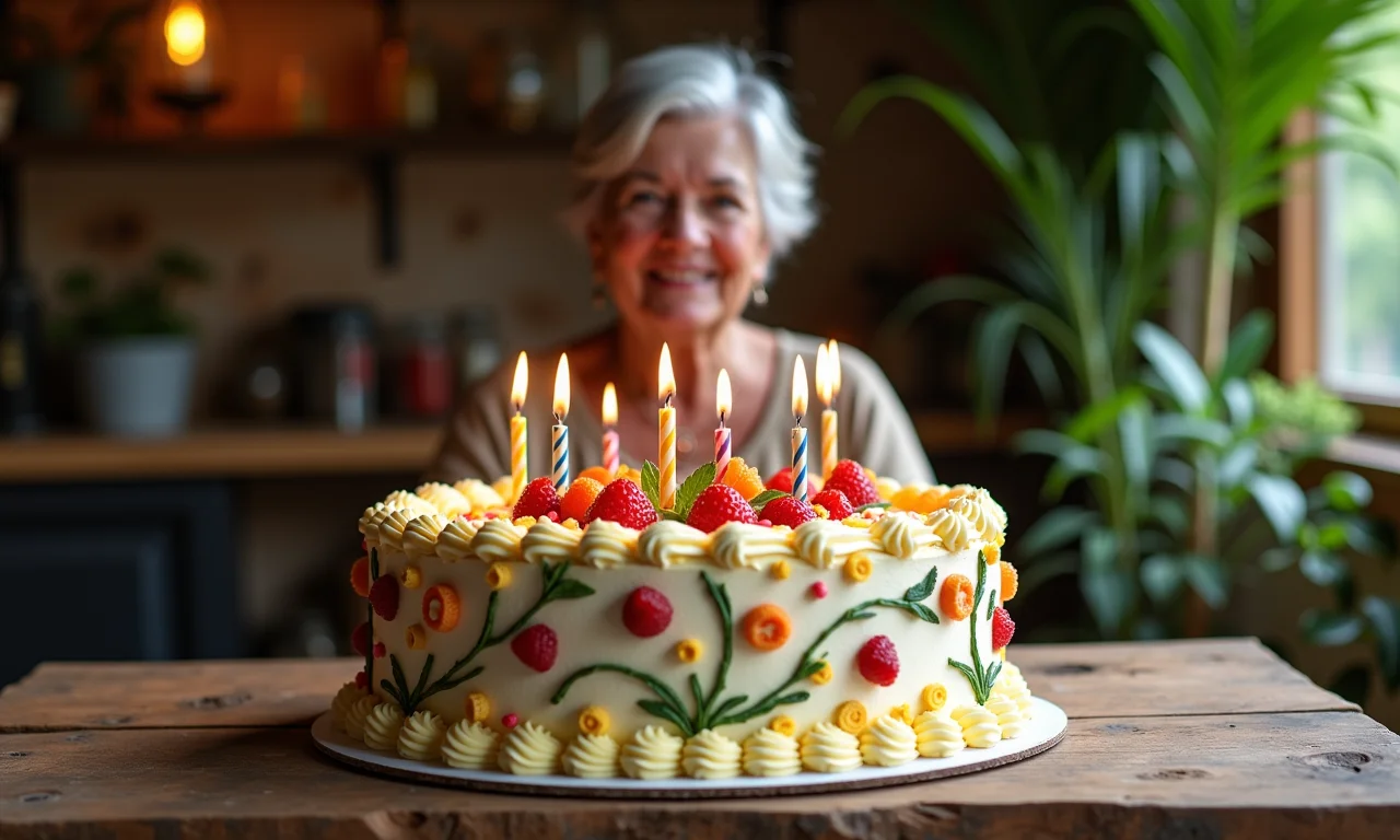 Um bolo de aniversário grande e decorado, simbolizando abundância e alegria em uma celebração.