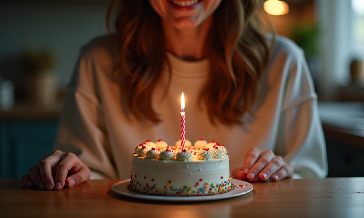 Um bolo de aniversário pequeno e simples com uma vela, representando a beleza da simplicidade.