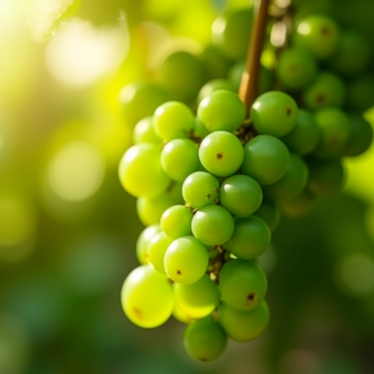 Uvas verdes vibrantes em videira sob a luz do sol, representando potencial e antecipação.