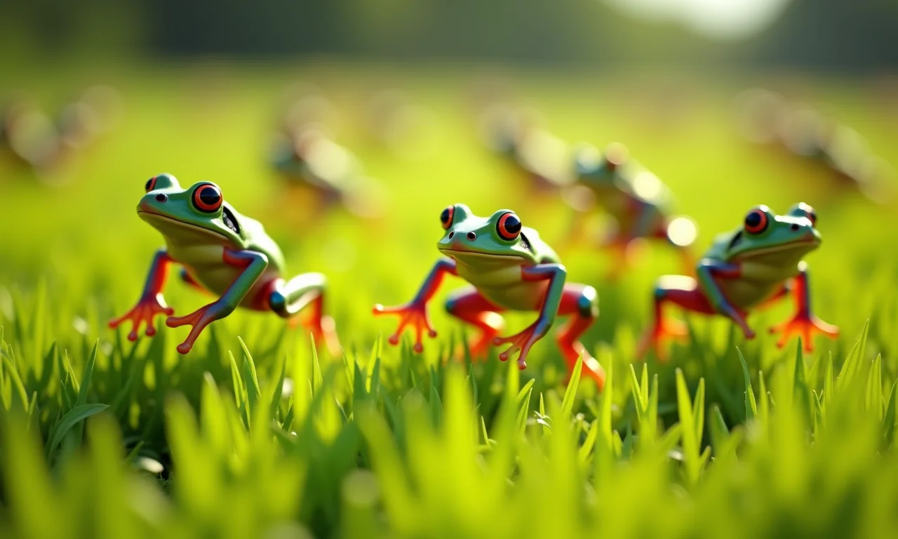 Vários sapos pulando em um campo verde, simbolizando abundância e oportunidades multiplicadas em um sonho.