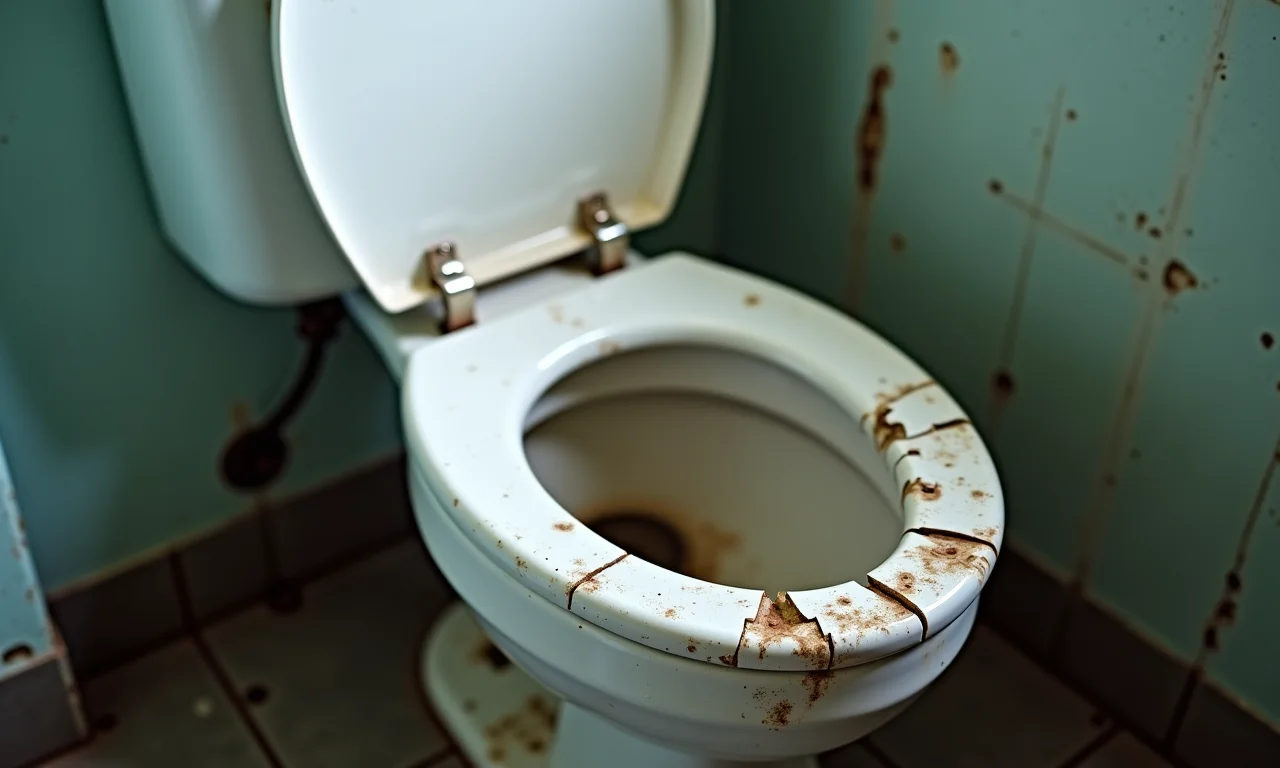 Vaso sanitário quebrado e danificado em banheiro antigo.