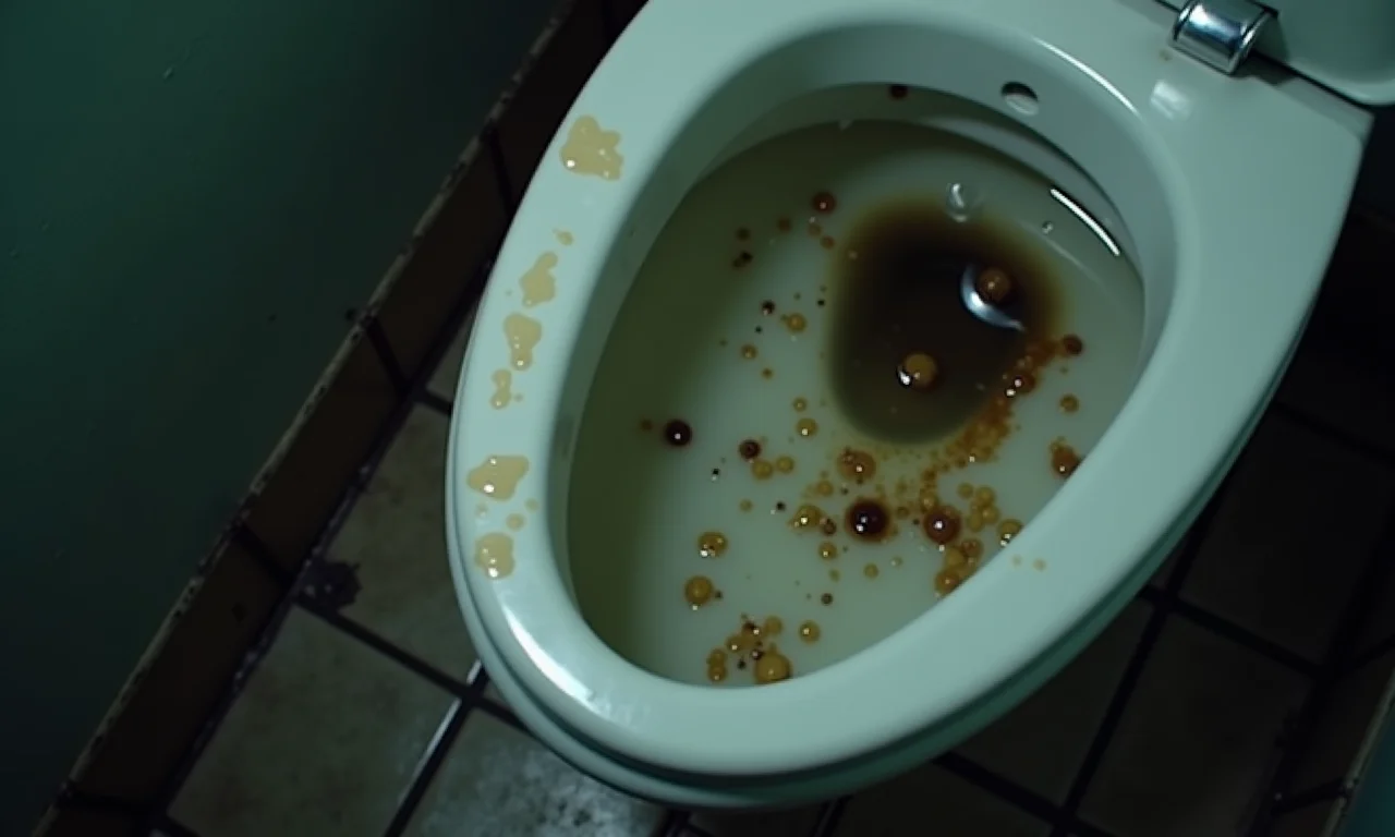 Vaso sanitário sujo e entupido transbordando.