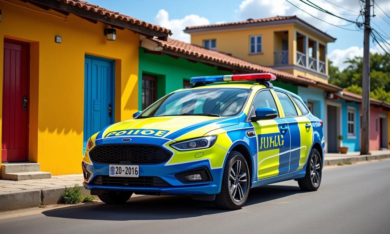 Viatura de polícia estacionada em rua com casas coloridas típicas do Brasil.
