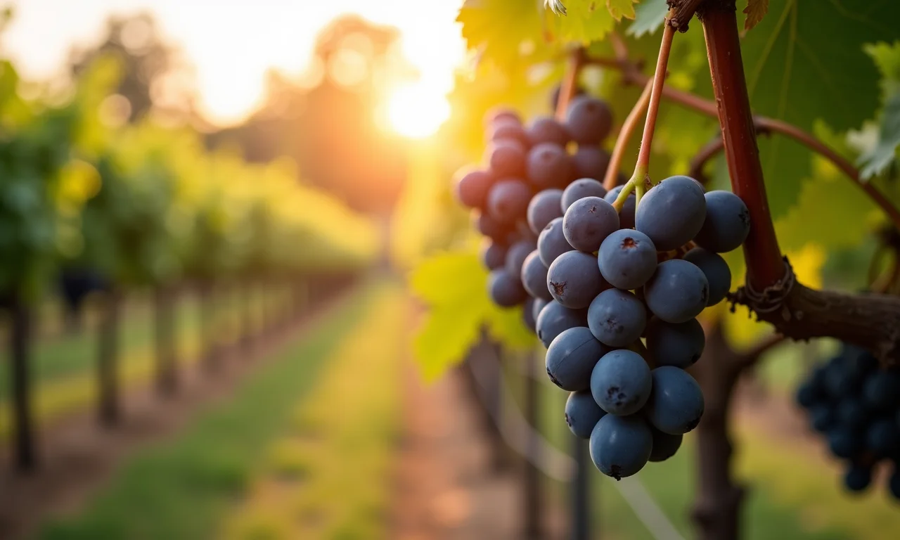 Vinhedo ensolarado com uvas pretas maduras, interpretando sonho com uva preta.