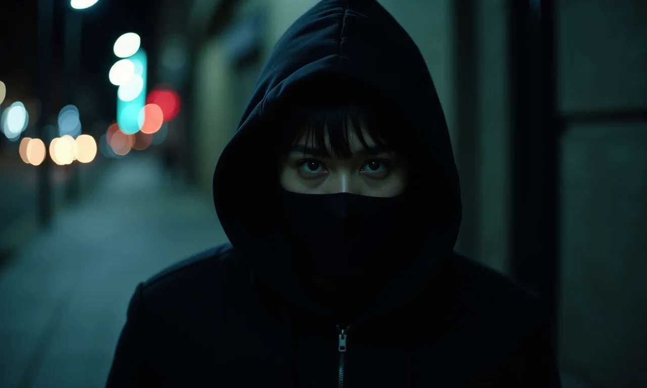 Visão noturna de alguém cometendo um roubo, com foco nos olhos determinados.