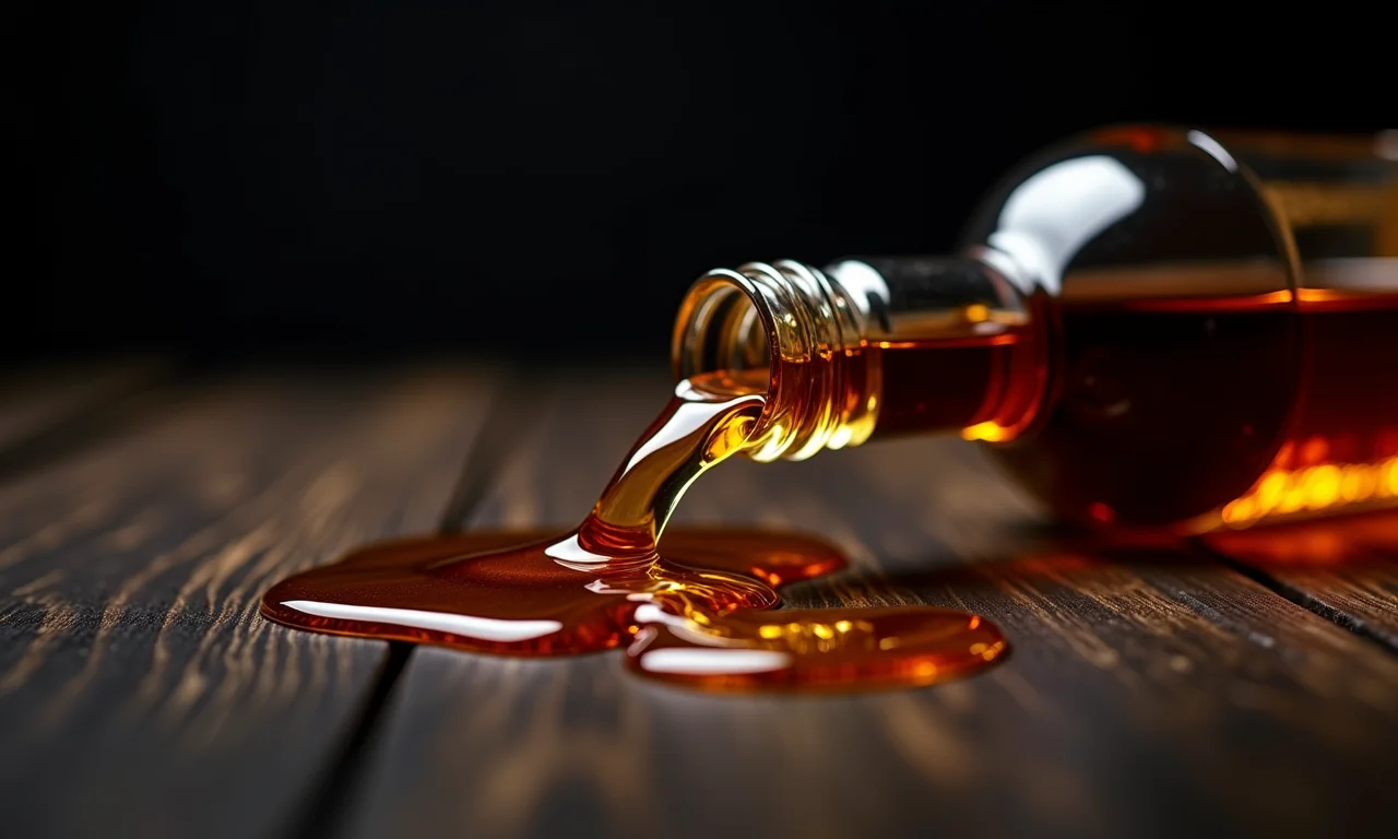 Whisky derramado sobre uma mesa de madeira escura, simbolizando excessos e perdas.