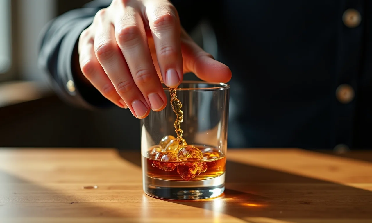 Whisky derramando de um copo em mesa de madeira, simbolizando perda ou arrependimento.