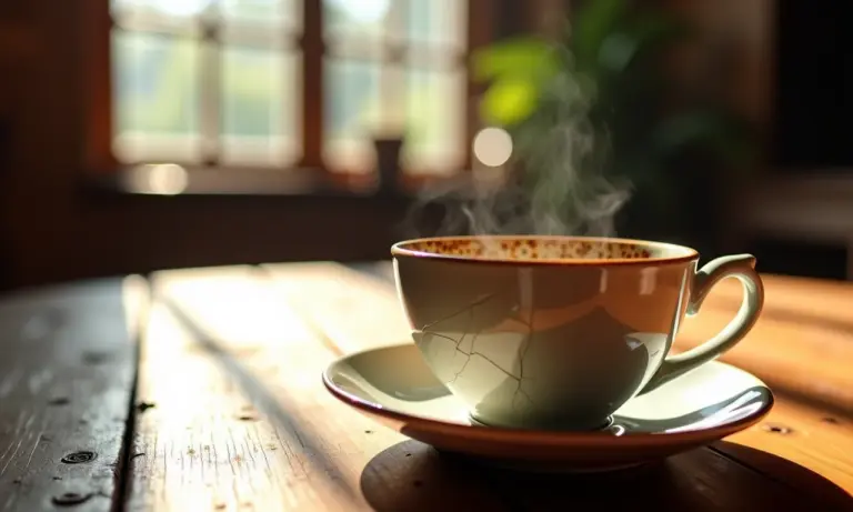 Xícara de chá rachada sobre mesa de madeira rústica.