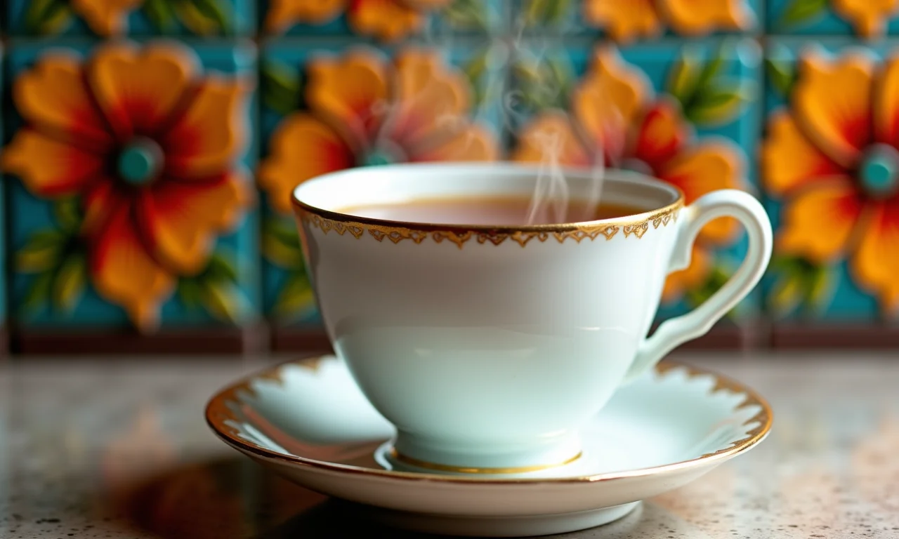 Xícara de porcelana cheia de chá em frente a azulejos coloridos.