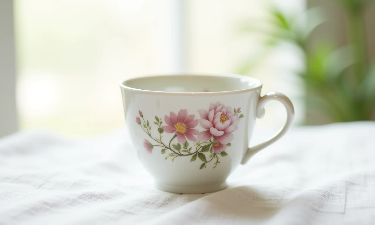 Xícara de porcelana nova com detalhes florais.