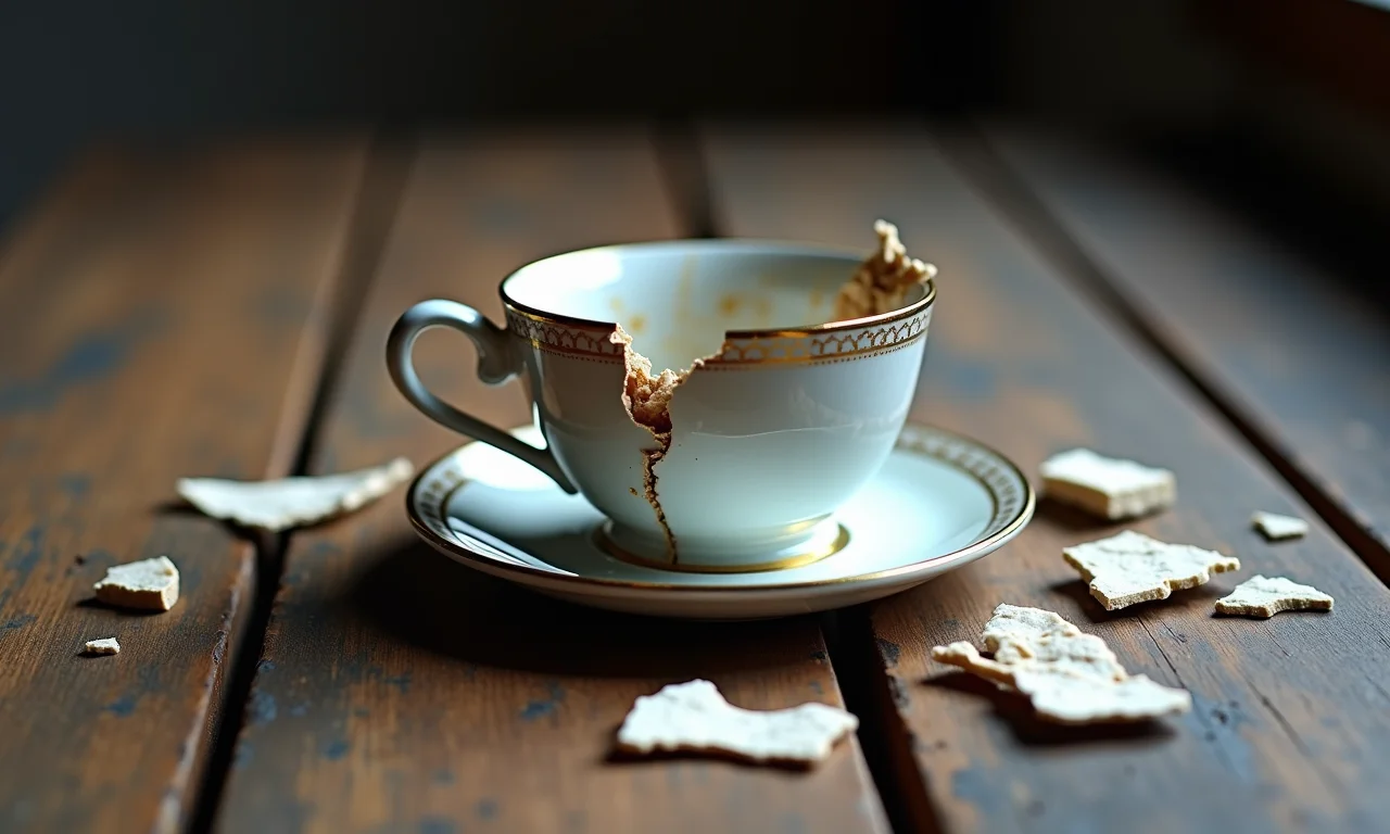Xícara de porcelana quebrada em pedaços sobre mesa de madeira.