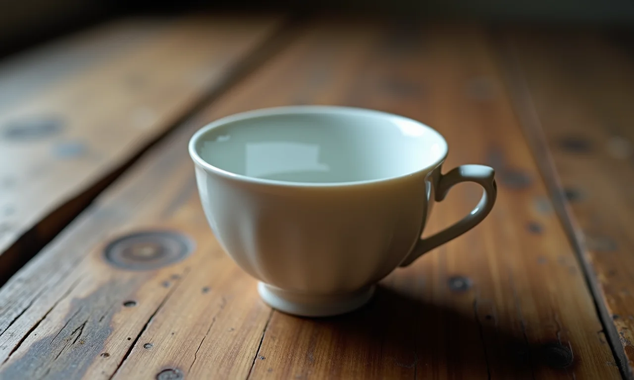 Xícara de porcelana vazia sobre superfície rústica.