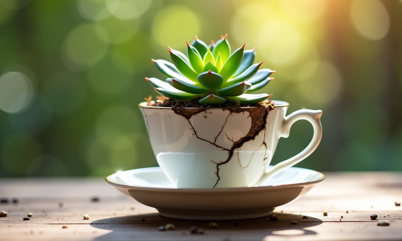 Xícara rachada transformada em vaso de suculenta.