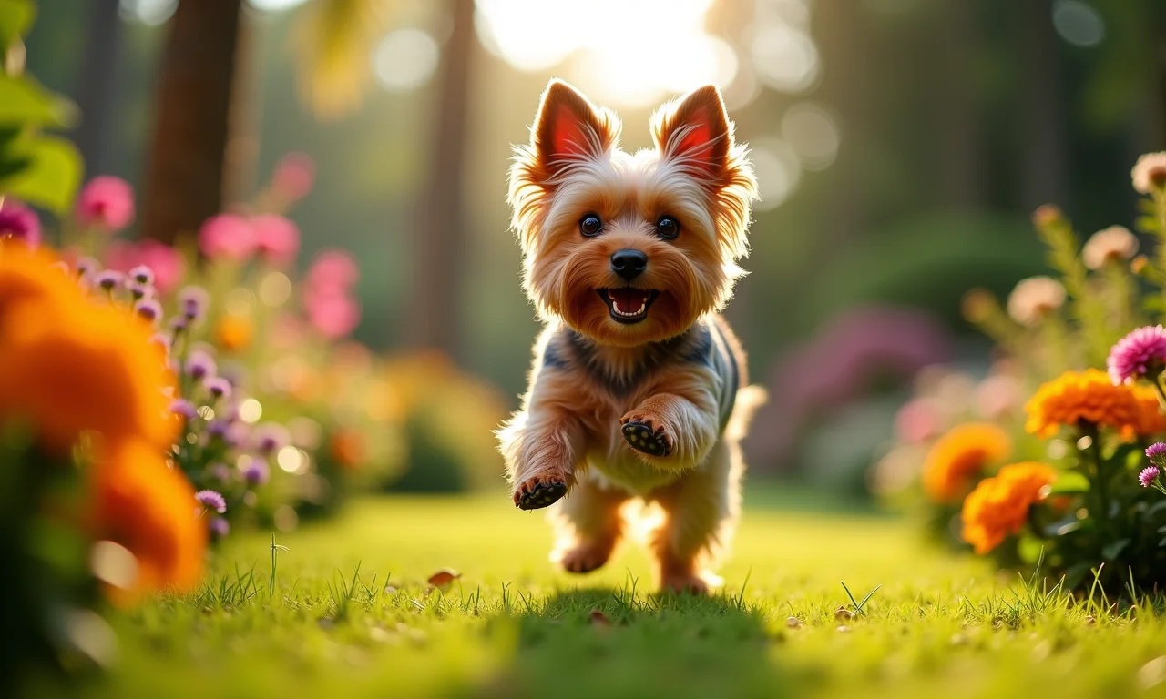 Yorkshire Terrier brincando em um jardim florido.