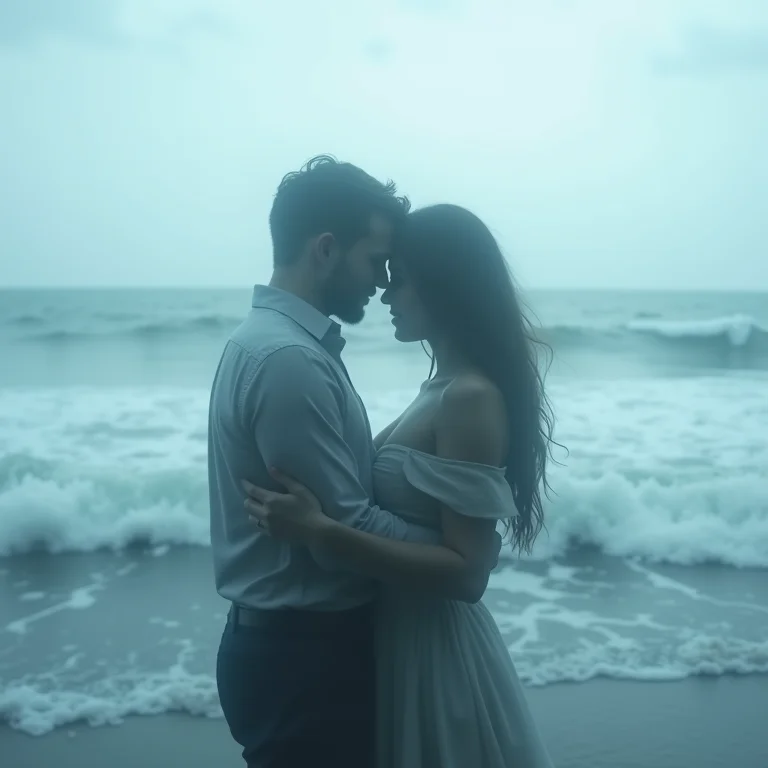 Abraço familiar sobreposto a um mar tempestuoso