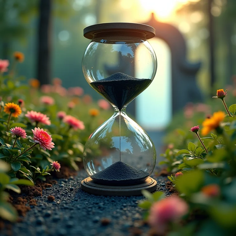 Ampulheta com areia escura fluindo para um jardim vibrante, simbolizando a influência do ambiente nos sonhos.