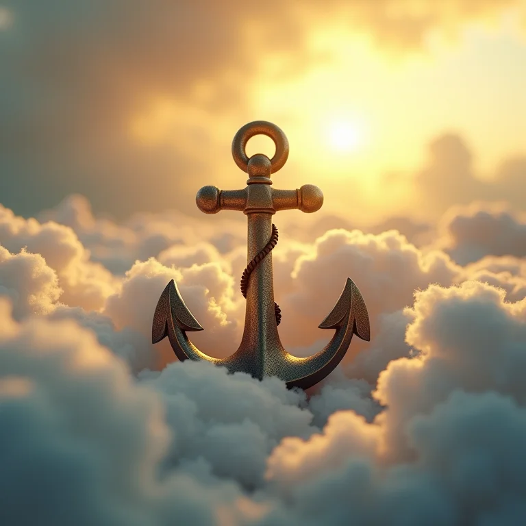 Âncora dourada repousando sobre nuvens