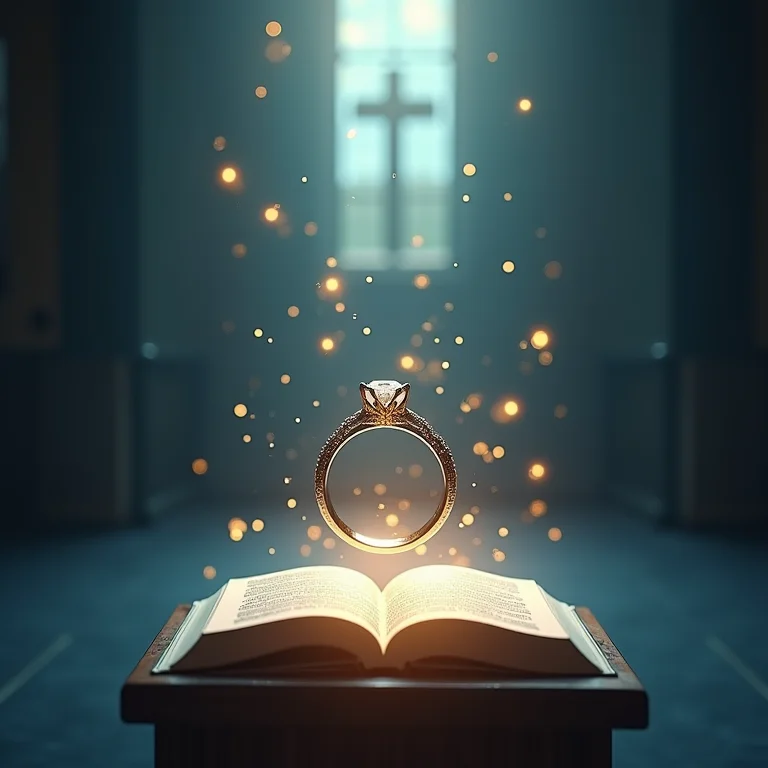 Anel de casamento levitando sobre altar de igreja, simbolizando o casamento.