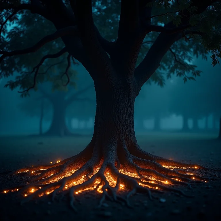 Árvore antiga com raízes brilhantes, simbolizando o sono profundo.